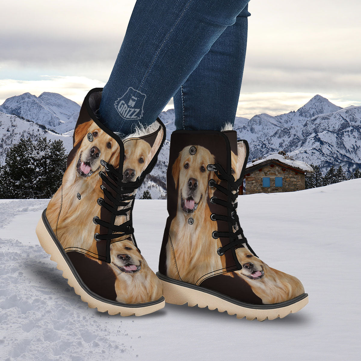 Portrait Golden Retriever Print Snow Boots-grizzshop