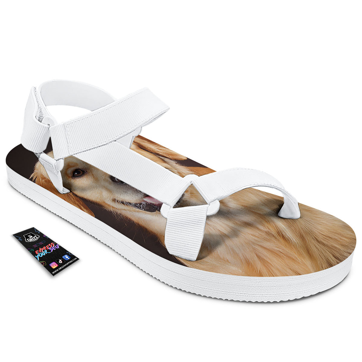 Portrait Golden Retriever Print White Open Toe Sandals-grizzshop