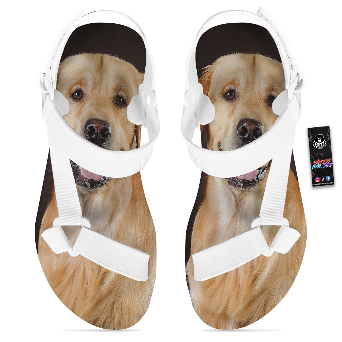 Portrait Golden Retriever Print White Open Toe Sandals-grizzshop