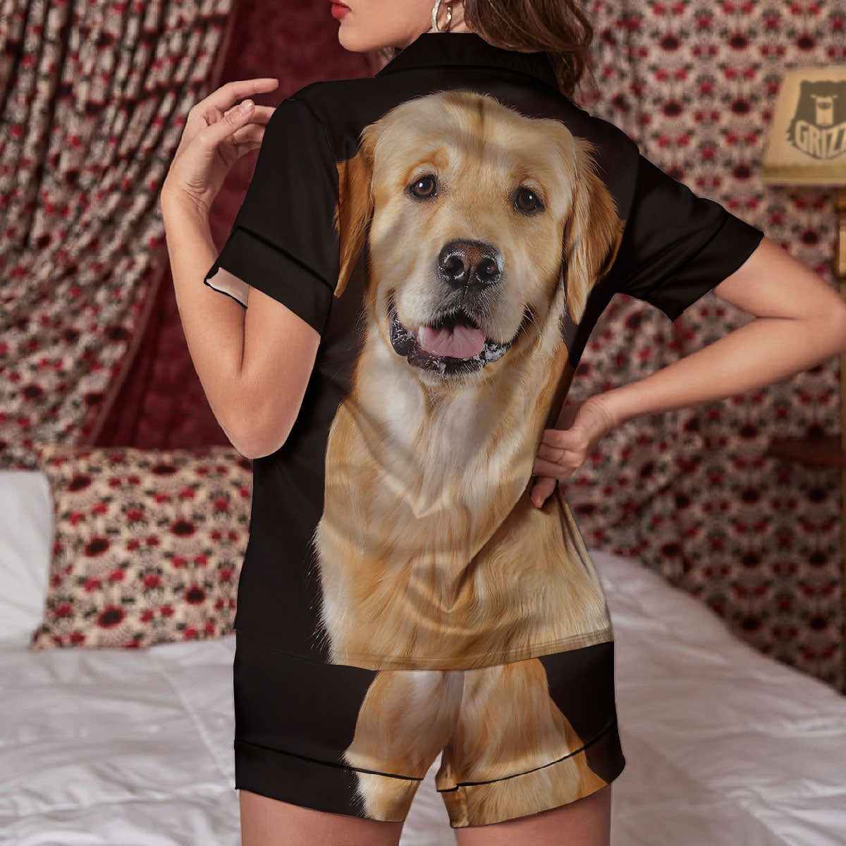 Portrait Golden Retriever Print Women Silk Pajamas-grizzshop