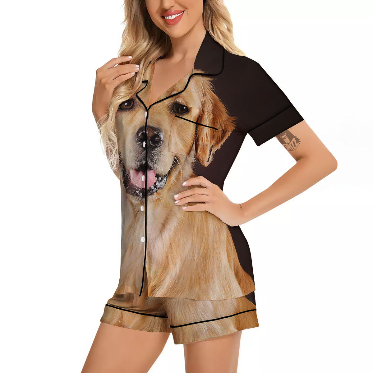 Portrait Golden Retriever Print Women Silk Pajamas-grizzshop