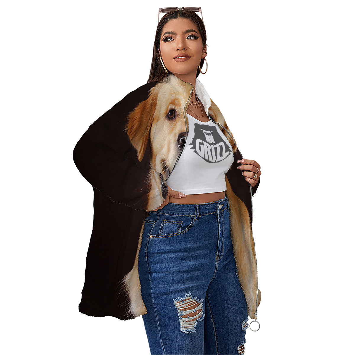 Portrait Golden Retriever Print Women's Sherpa Jacket-grizzshop