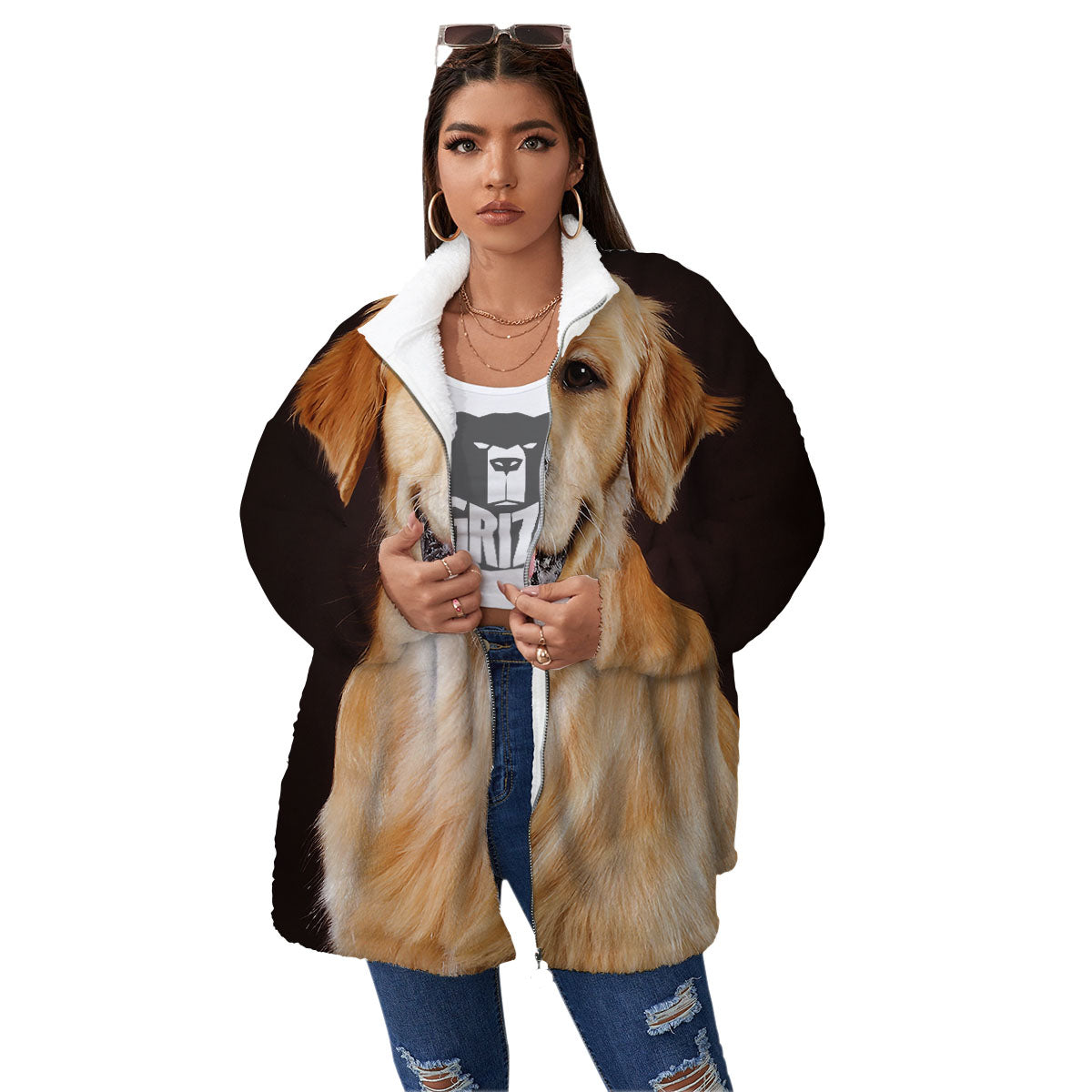 Portrait Golden Retriever Print Women's Sherpa Jacket-grizzshop