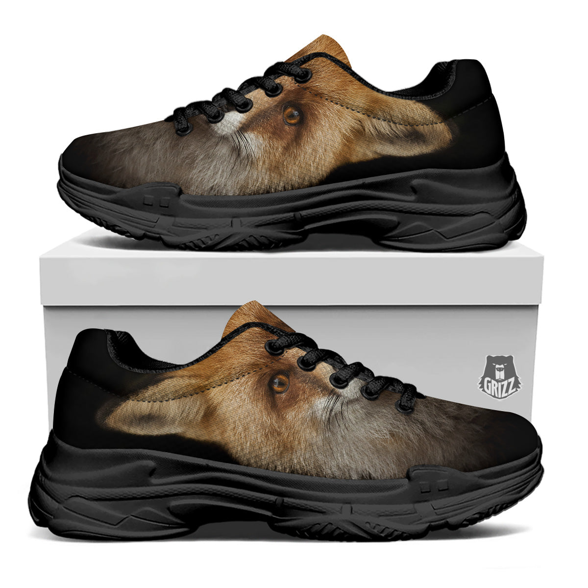 Portrait Head Fox Print Black Chunky Shoes-grizzshop