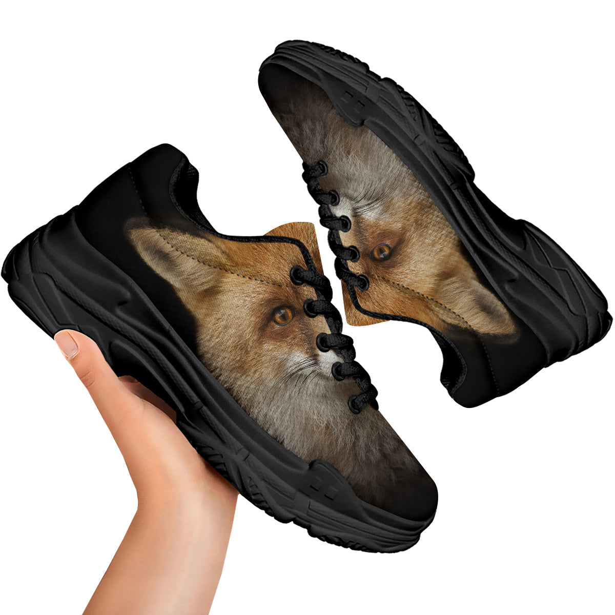 Portrait Head Fox Print Black Chunky Shoes-grizzshop