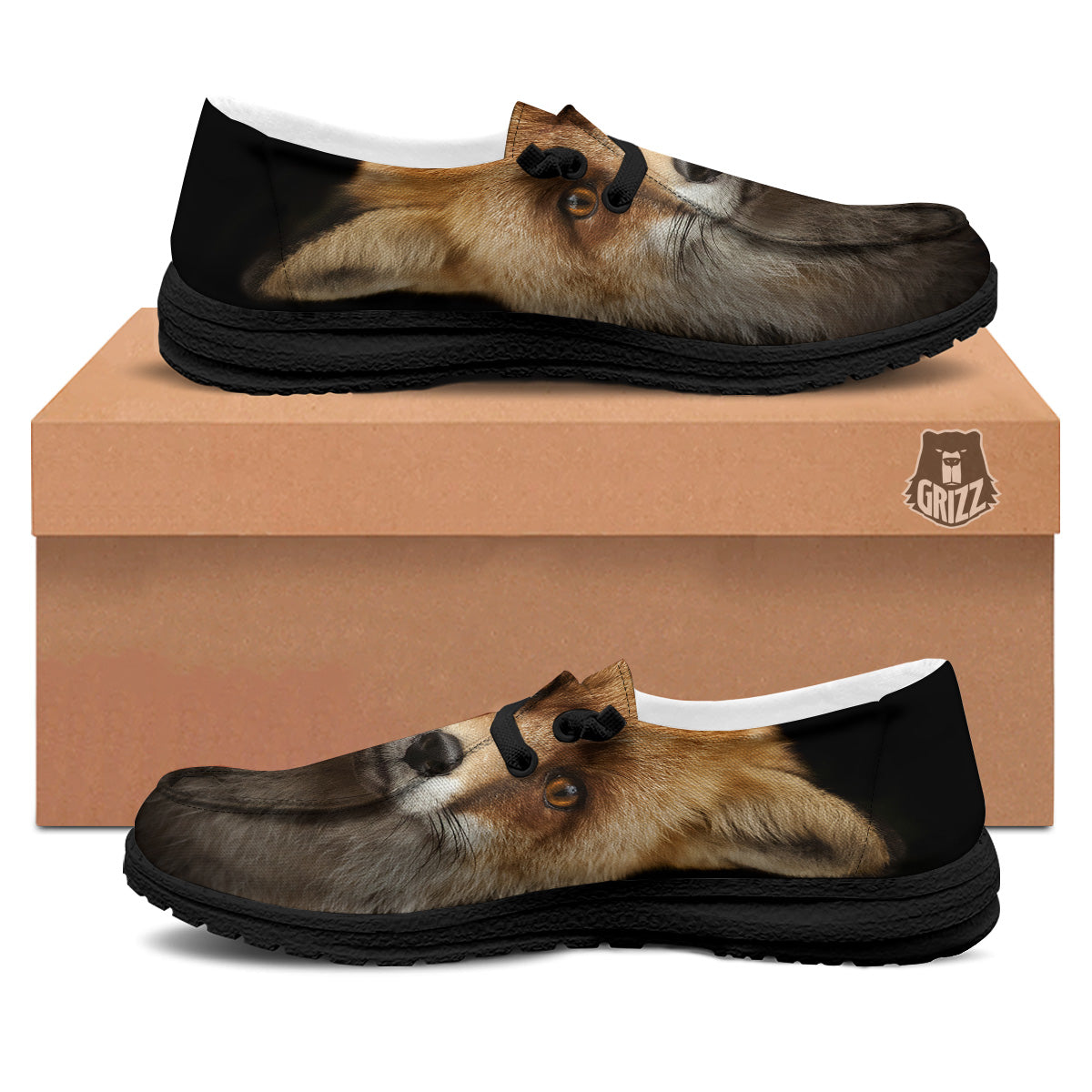 Portrait Head Fox Print Black Loafers-grizzshop