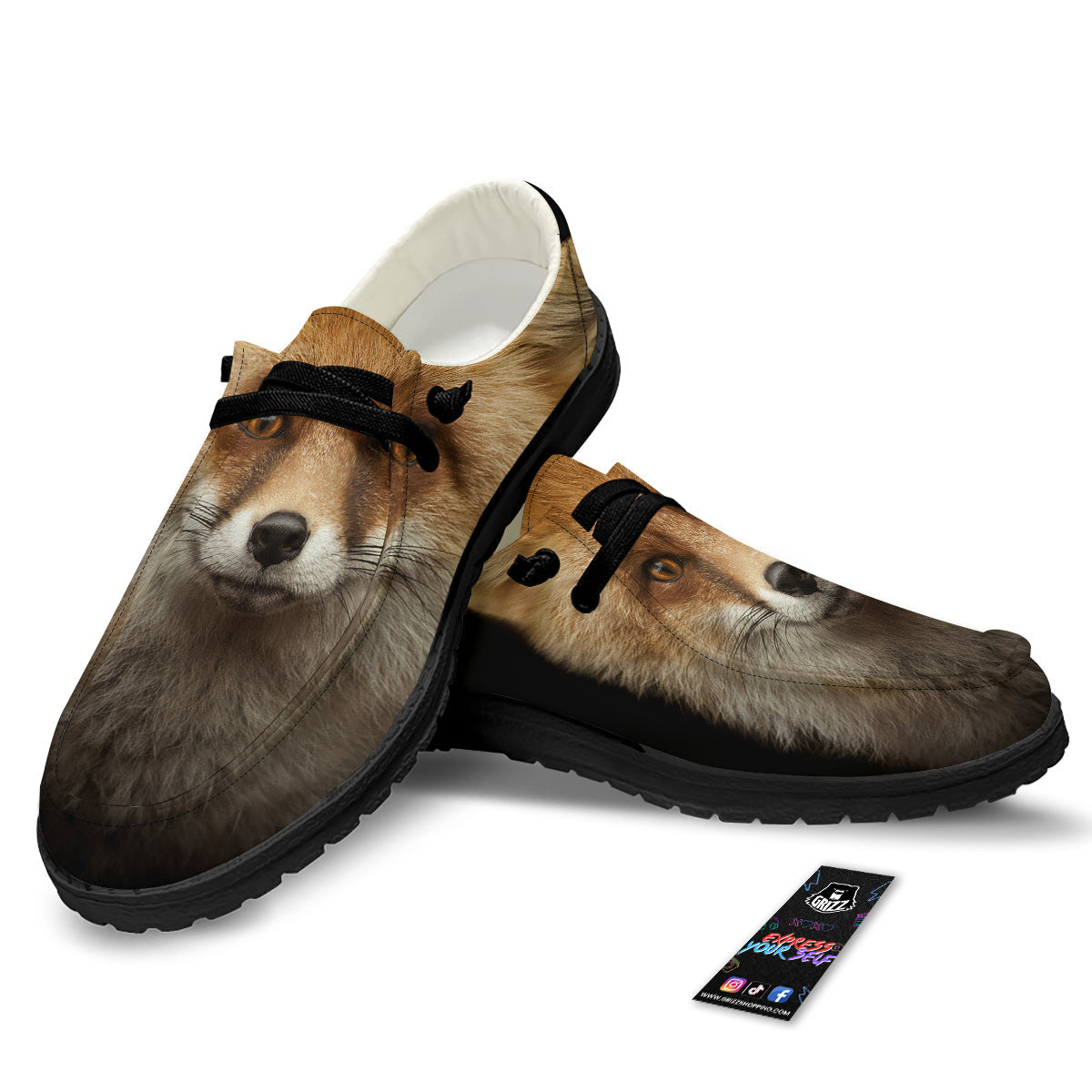Portrait Head Fox Print Black Loafers-grizzshop