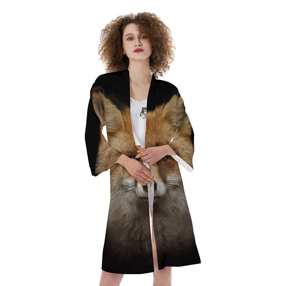 Portrait Head Fox Print Kimono-grizzshop