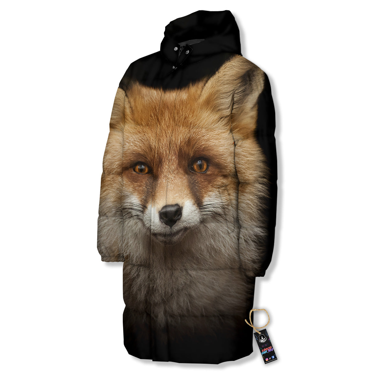 Portrait Head Fox Print Long Down Jacket-grizzshop