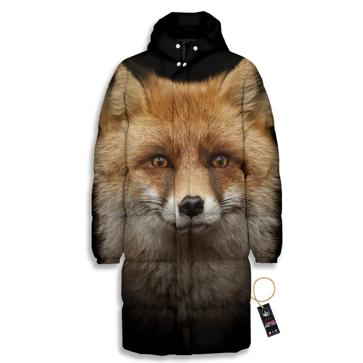 Portrait Head Fox Print Long Down Jacket-grizzshop