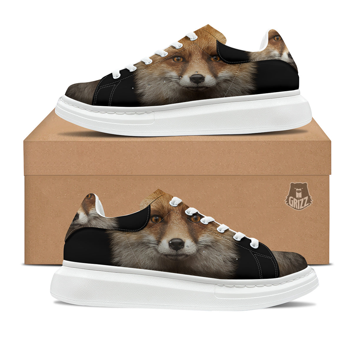 Portrait Head Fox Print Platform Shoes-grizzshop