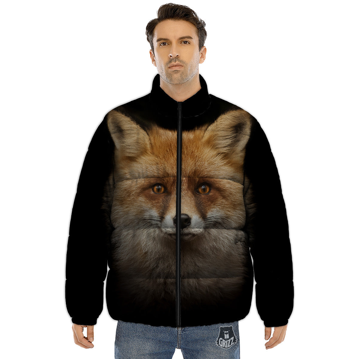 Portrait Head Fox Print Puffer Jacket-grizzshop
