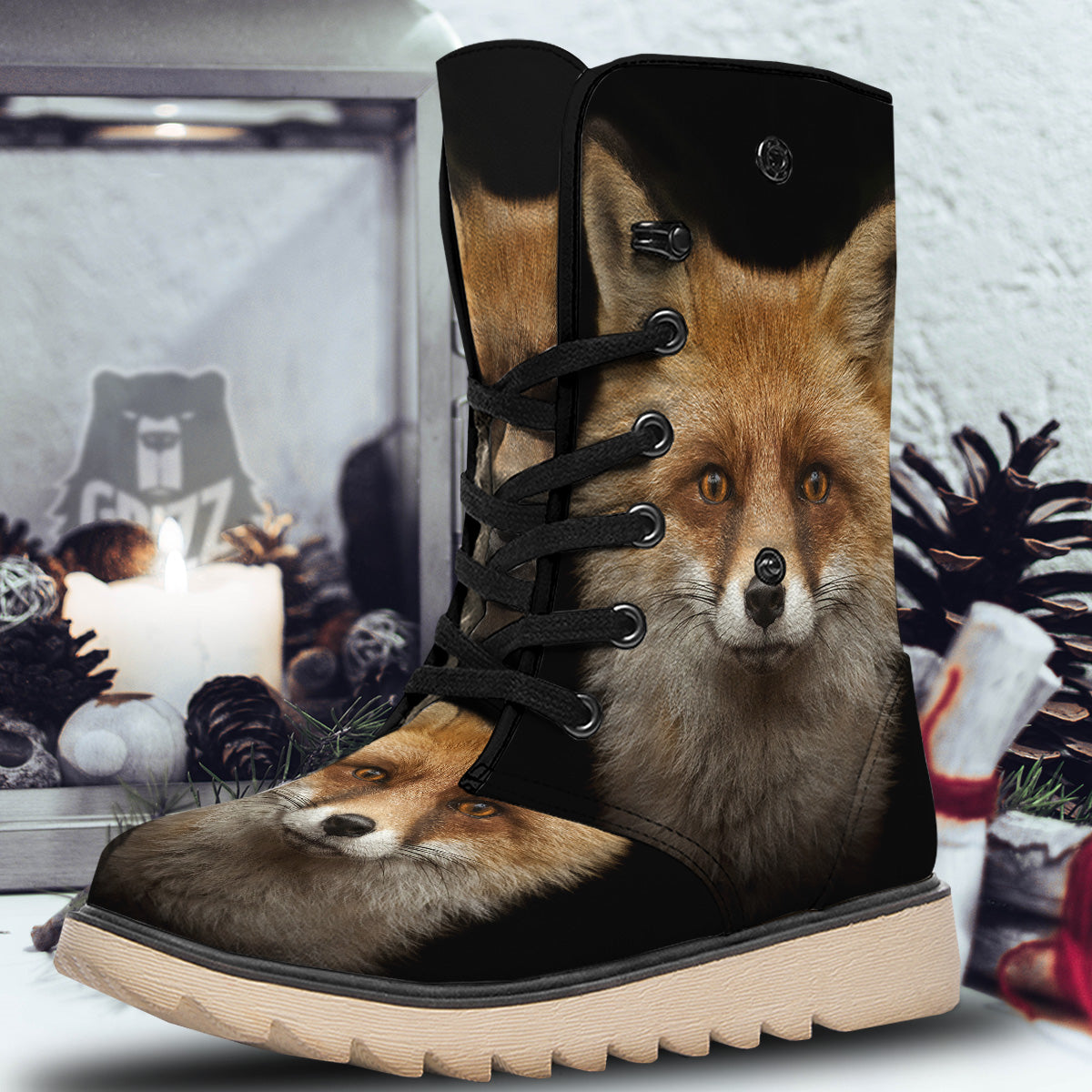 Portrait Head Fox Print Snow Boots-grizzshop