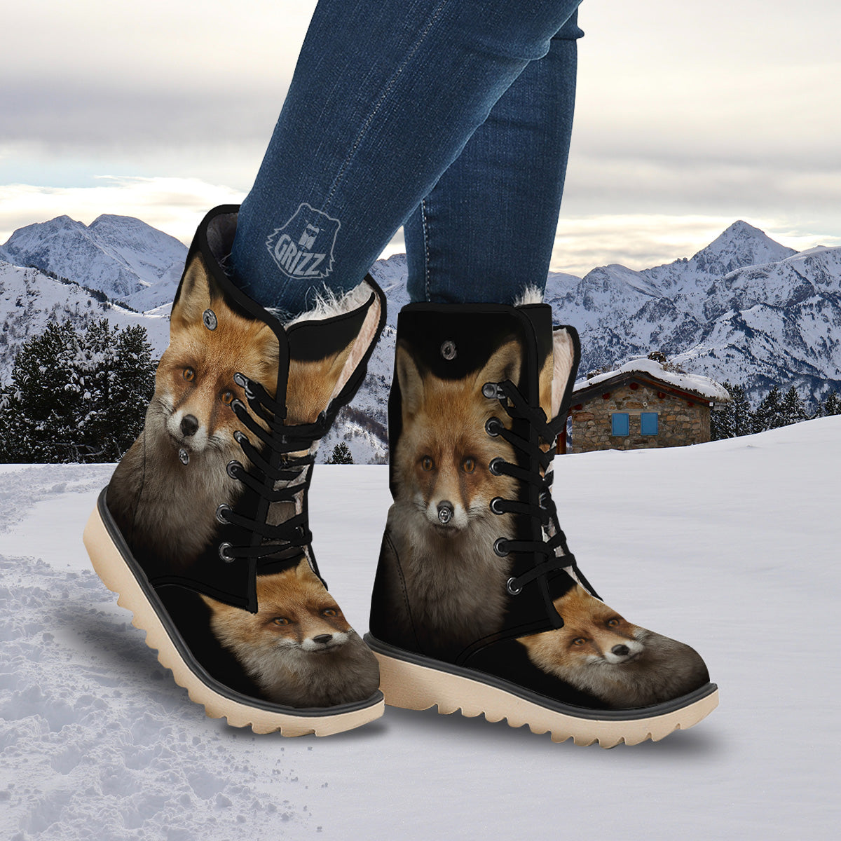 Portrait Head Fox Print Snow Boots-grizzshop