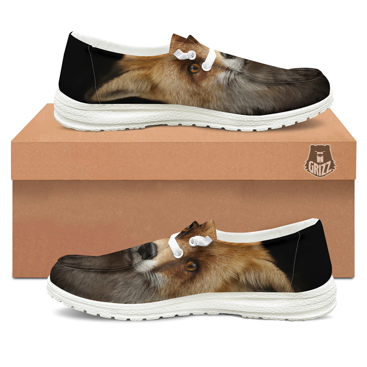 Portrait Head Fox Print White Loafers-grizzshop