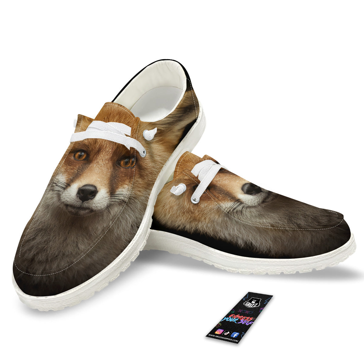 Portrait Head Fox Print White Loafers-grizzshop