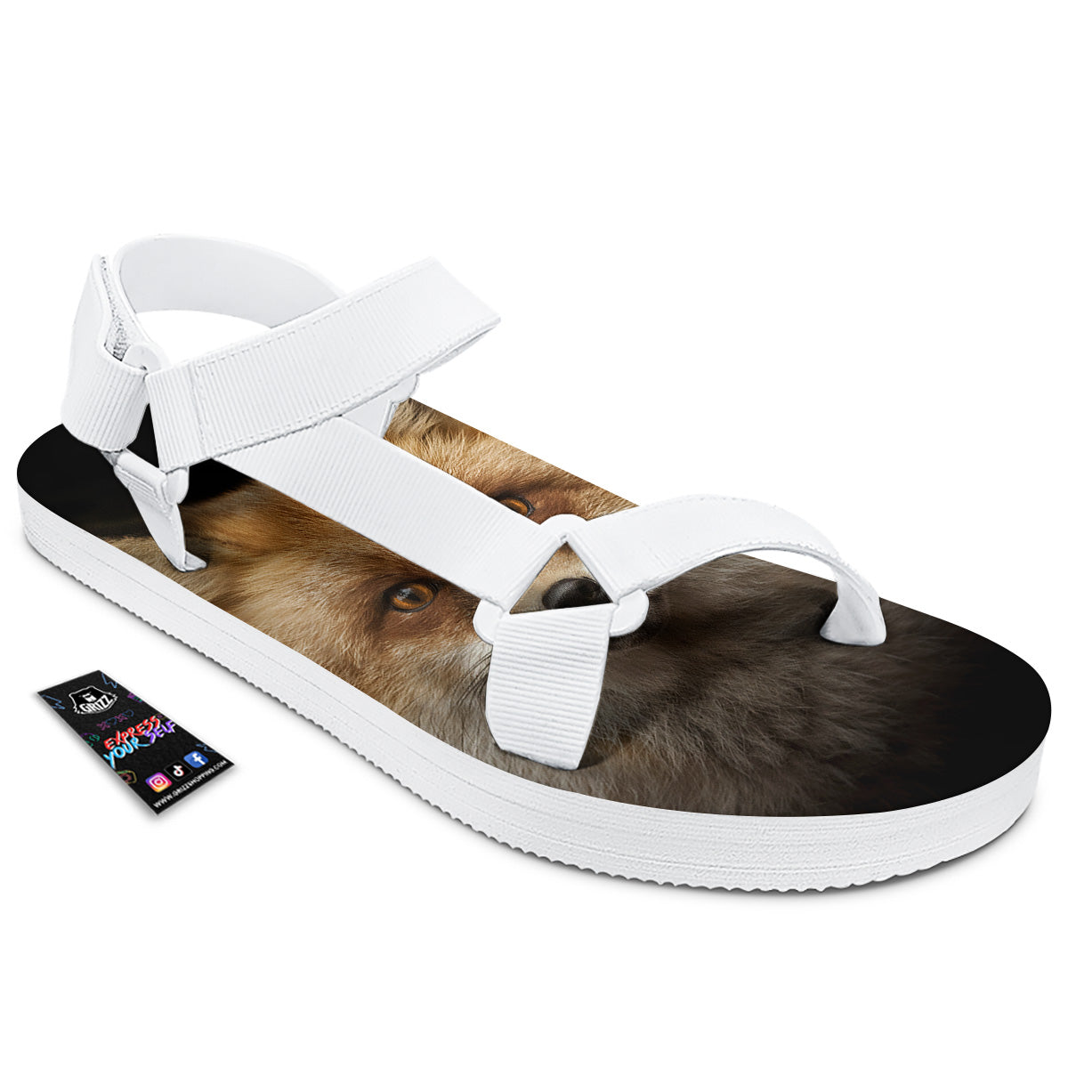 Portrait Head Fox Print White Open Toe Sandals-grizzshop