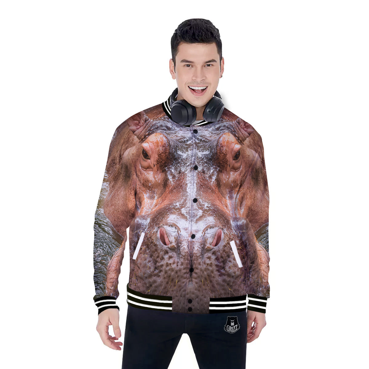 Portrait Hippo Print Baseball Jacket-grizzshop