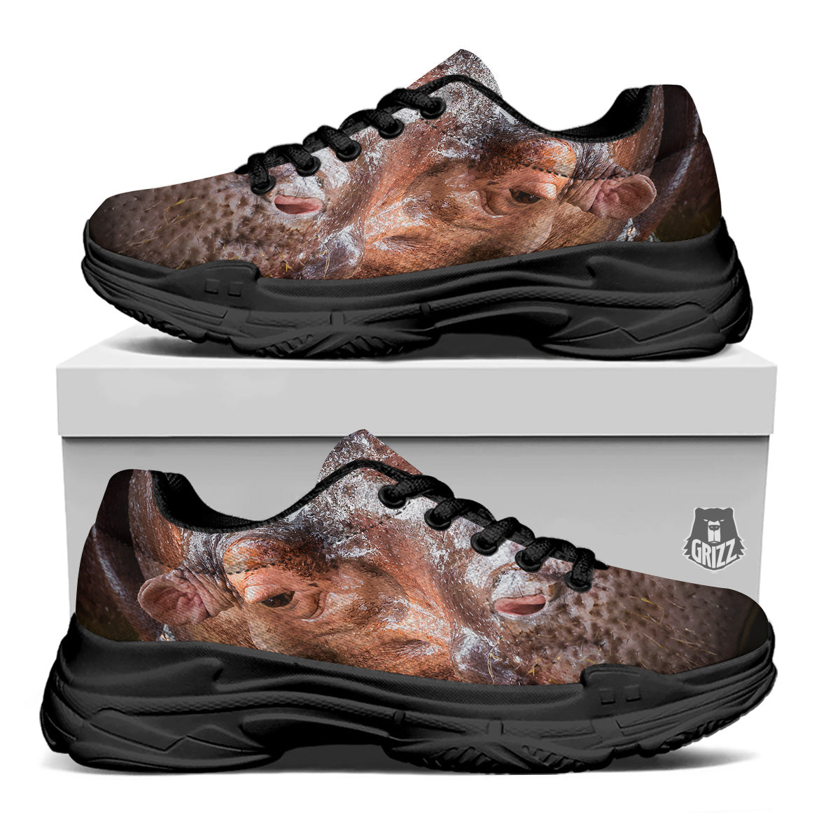 Portrait Hippo Print Black Chunky Shoes-grizzshop