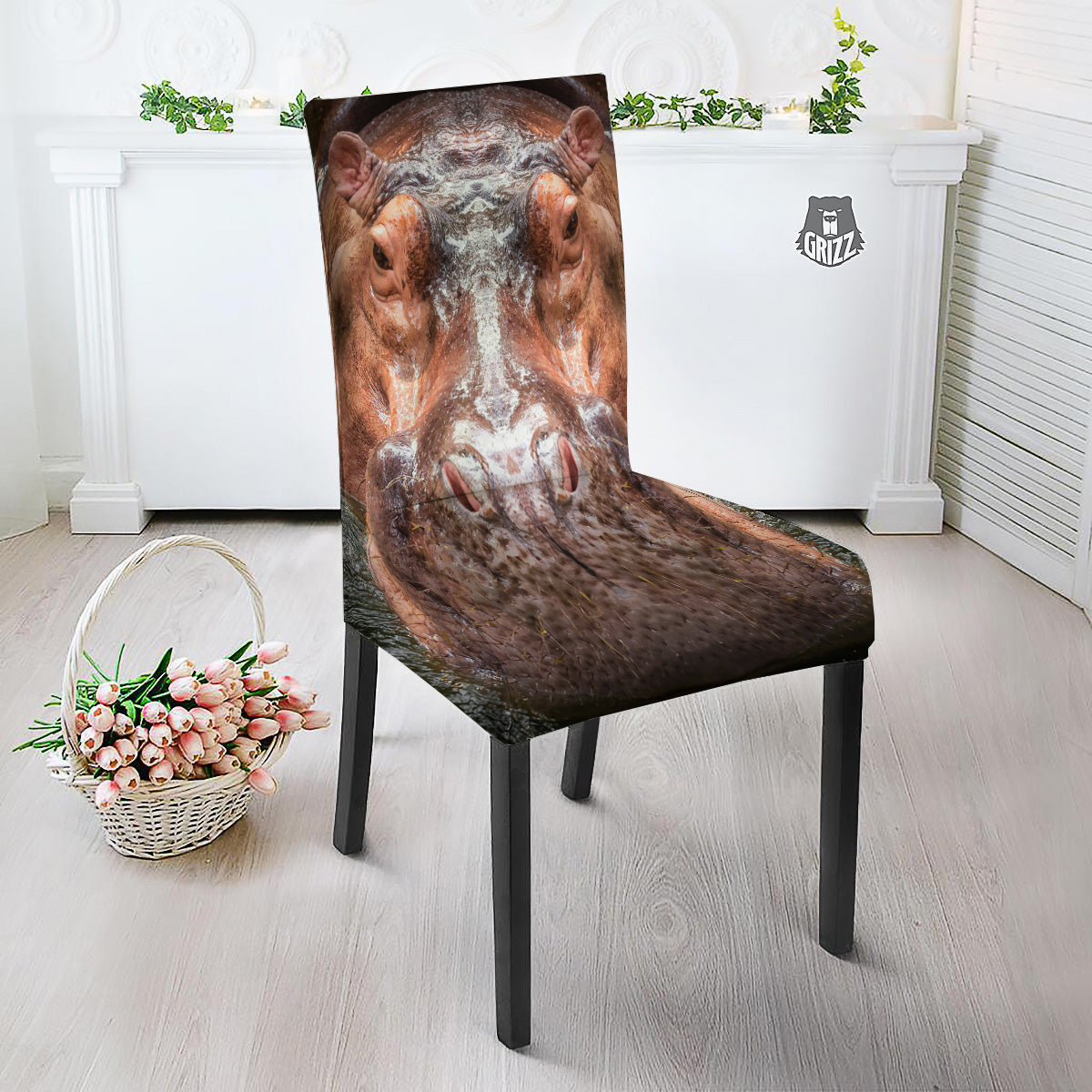 Portrait Hippo Print Dining Chair Slipcover-grizzshop