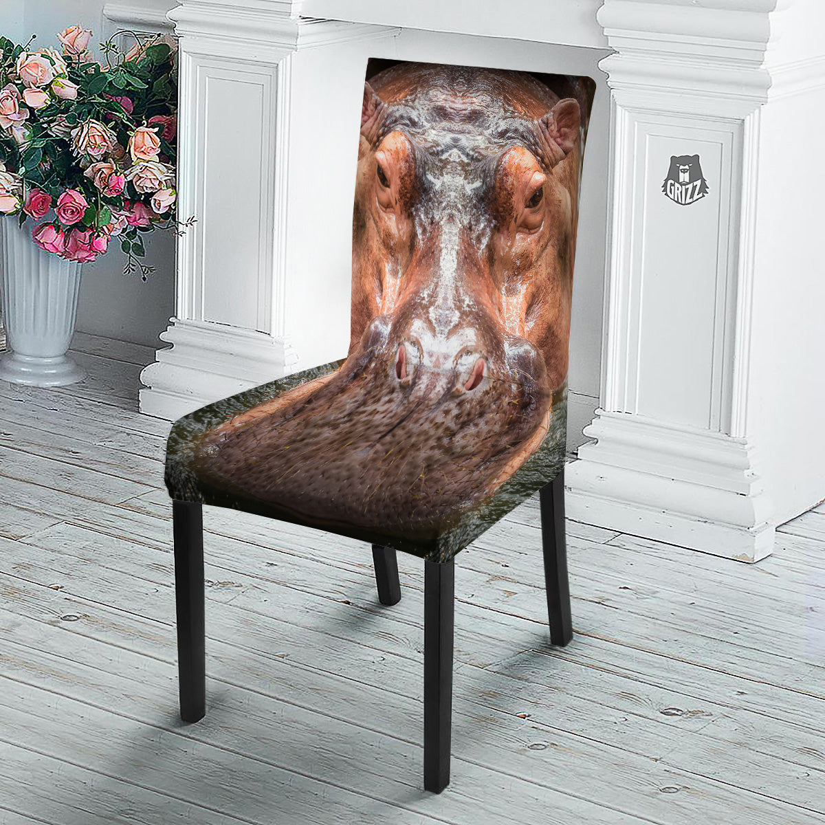 Portrait Hippo Print Dining Chair Slipcover-grizzshop