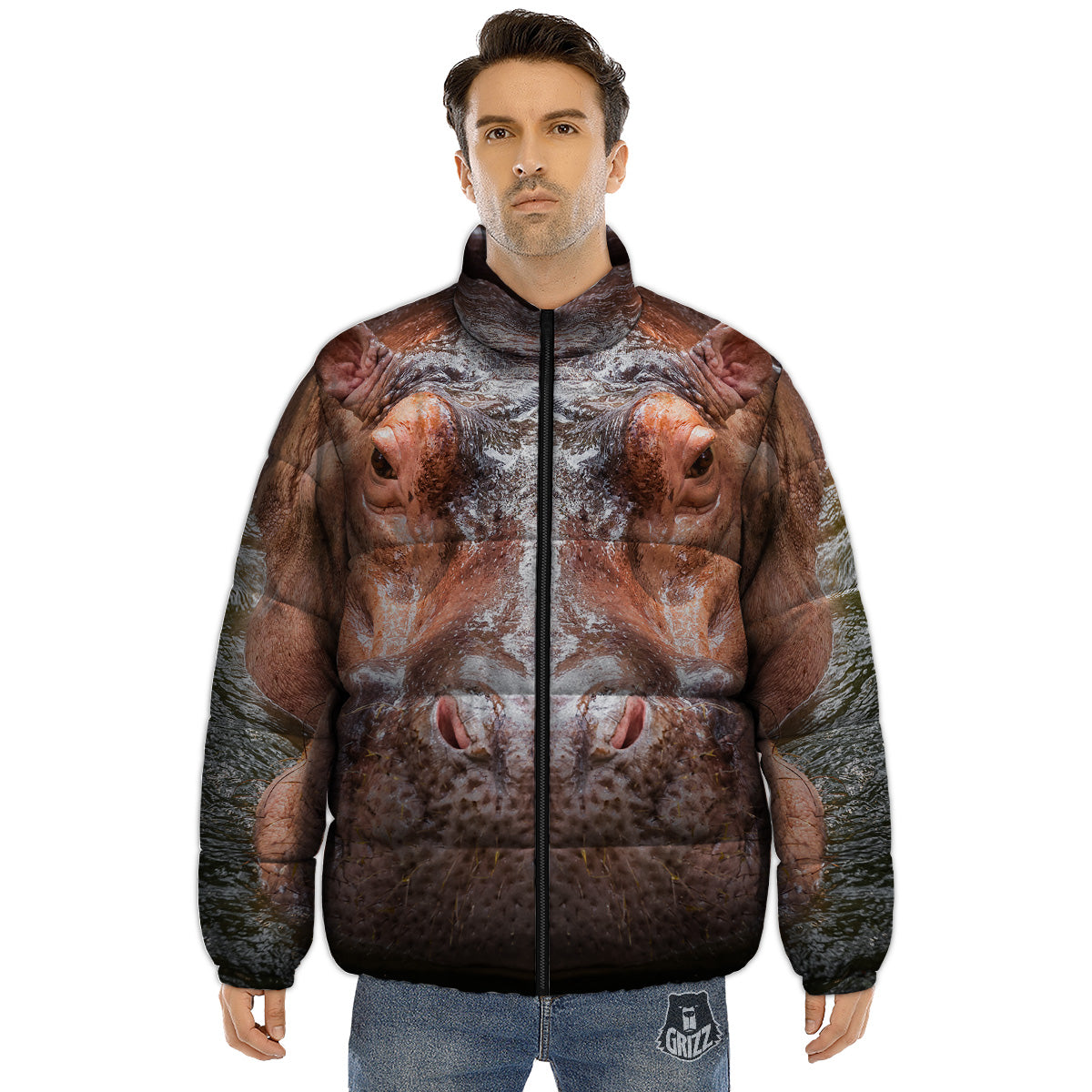 Portrait Hippo Print Puffer Jacket-grizzshop