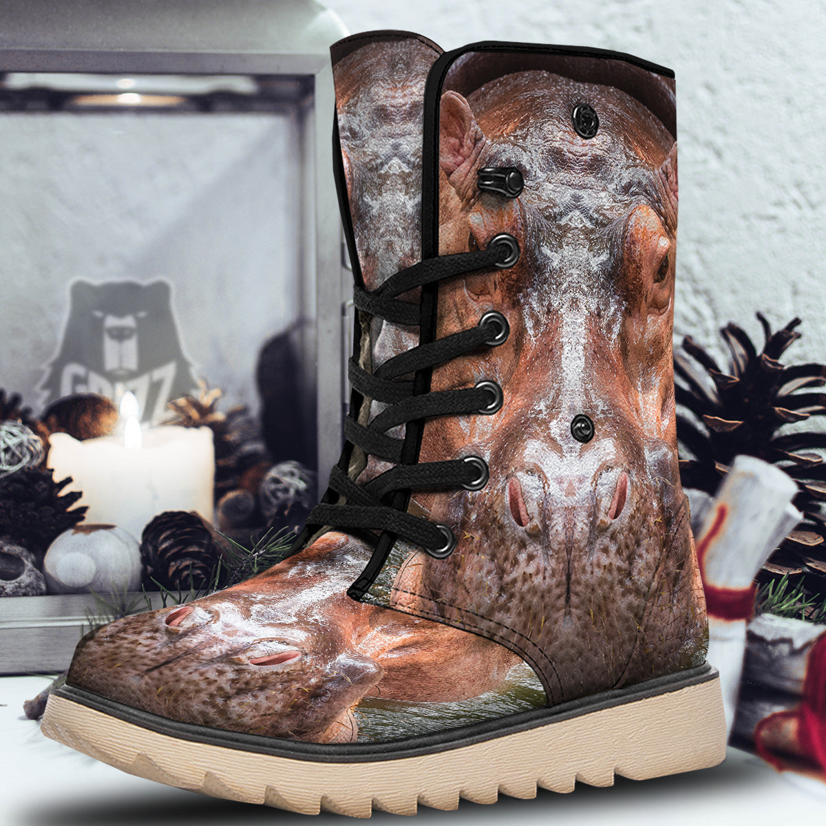 Portrait Hippo Print Snow Boots-grizzshop