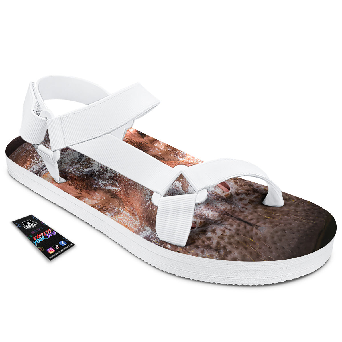Portrait Hippo Print White Open Toe Sandals-grizzshop