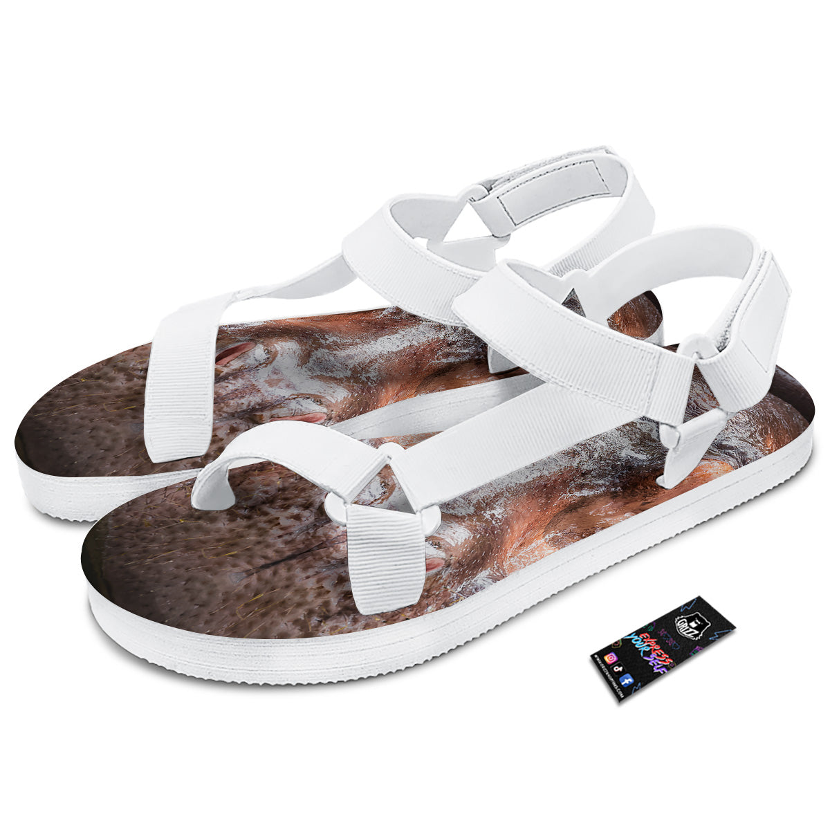 Portrait Hippo Print White Open Toe Sandals-grizzshop