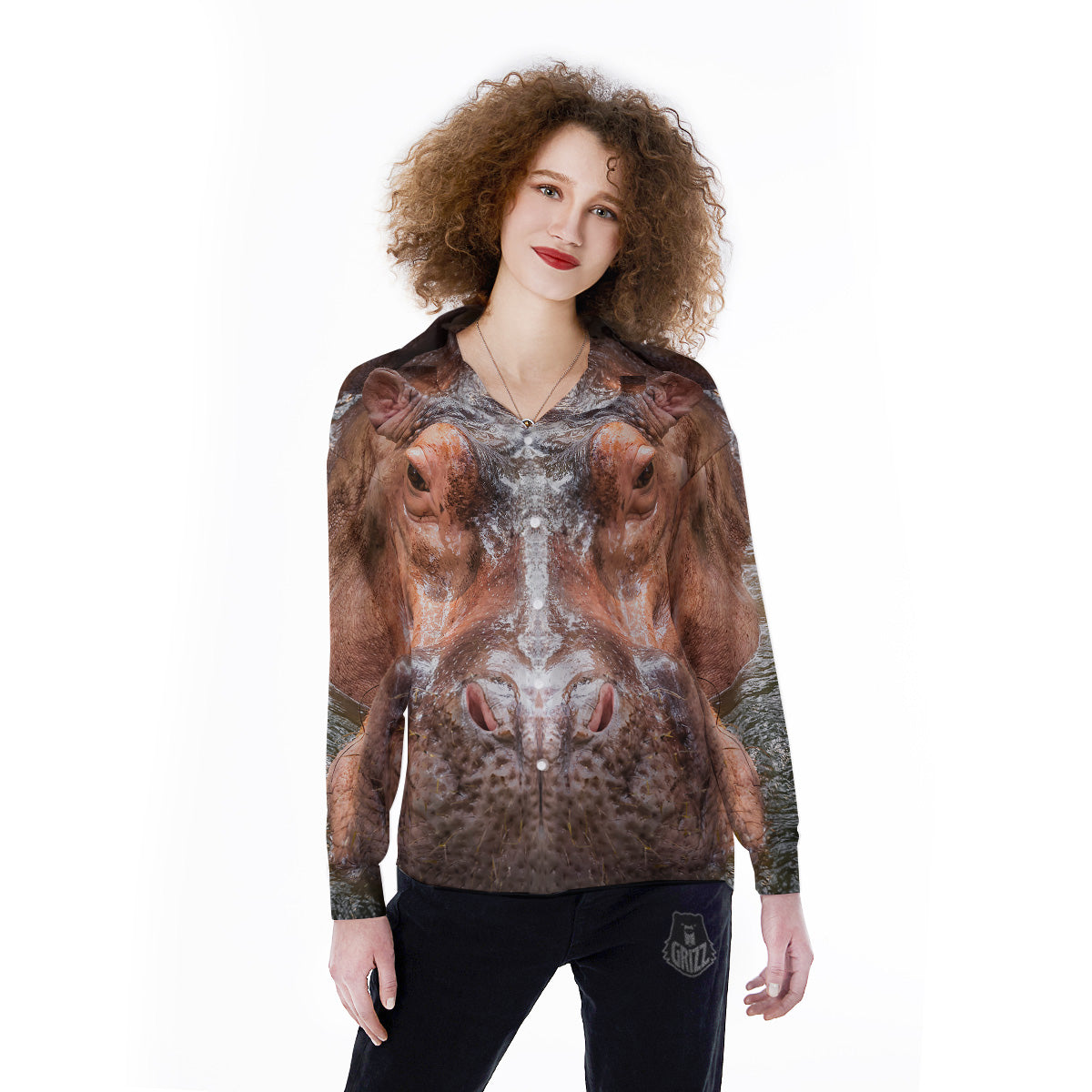 Portrait Hippo Print Women's Long Sleeve Shirts-grizzshop