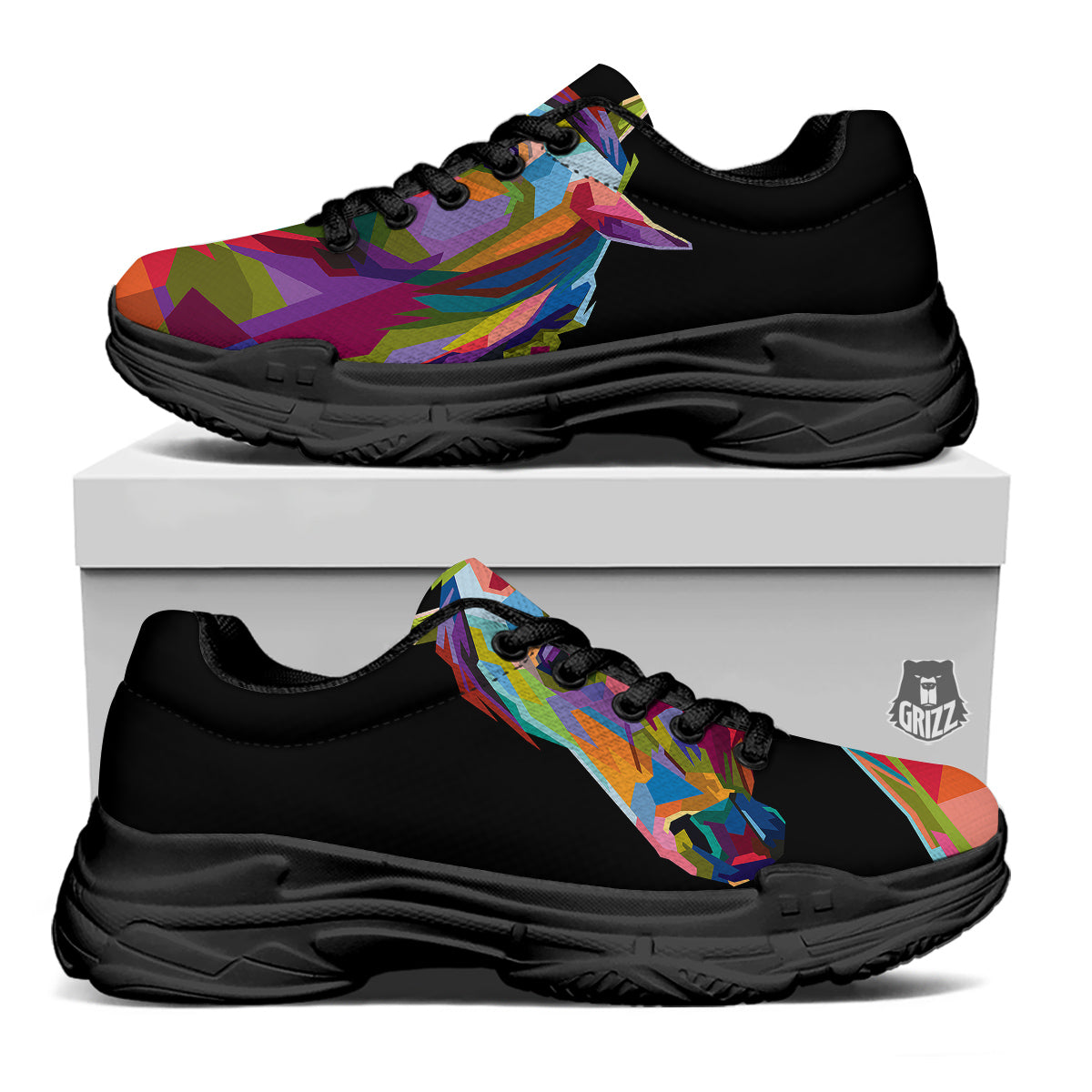 Portrait Horse Colorful Print Black Chunky Shoes-grizzshop