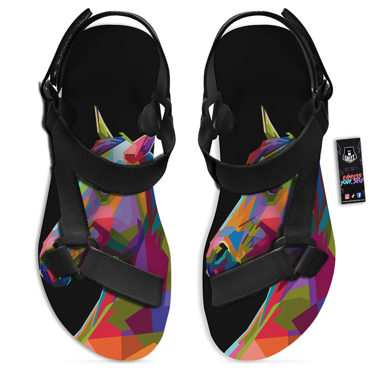 Portrait Horse Colorful Print Black Open Toe Sandals-grizzshop