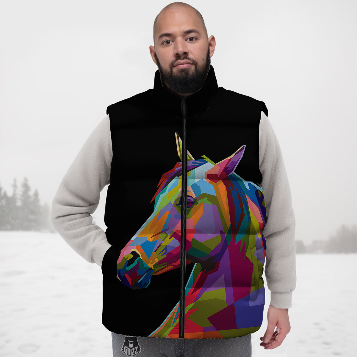Portrait Horse Colorful Print Down Vest