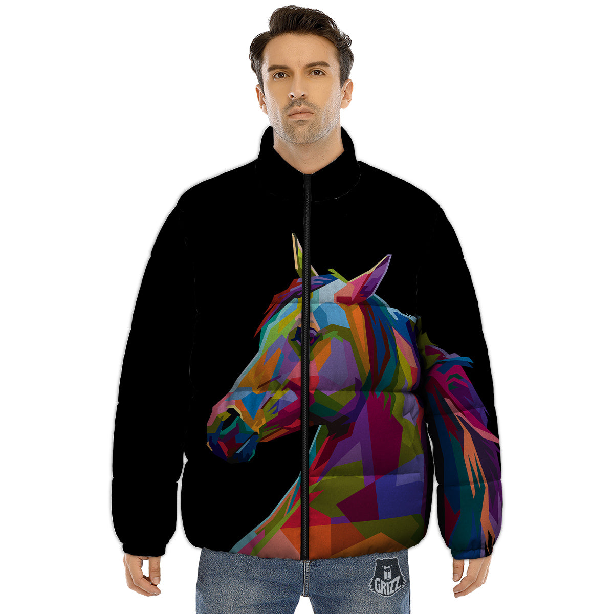 Portrait Horse Colorful Print Puffer Jacket-grizzshop