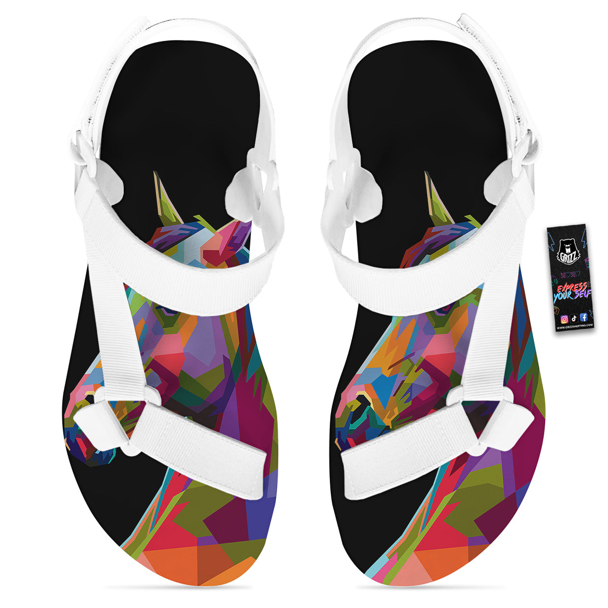 Portrait Horse Colorful Print White Open Toe Sandals-grizzshop