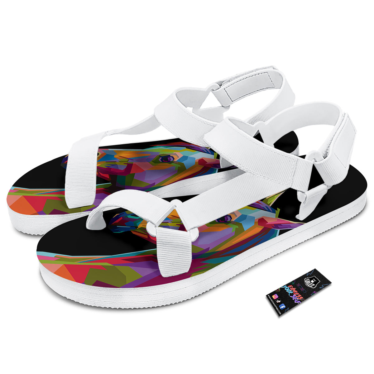 Portrait Horse Colorful Print White Open Toe Sandals-grizzshop