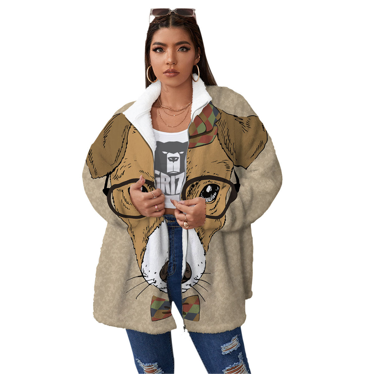 Portrait Jack Russell Terrier Print Women's Sherpa Jacket-grizzshop
