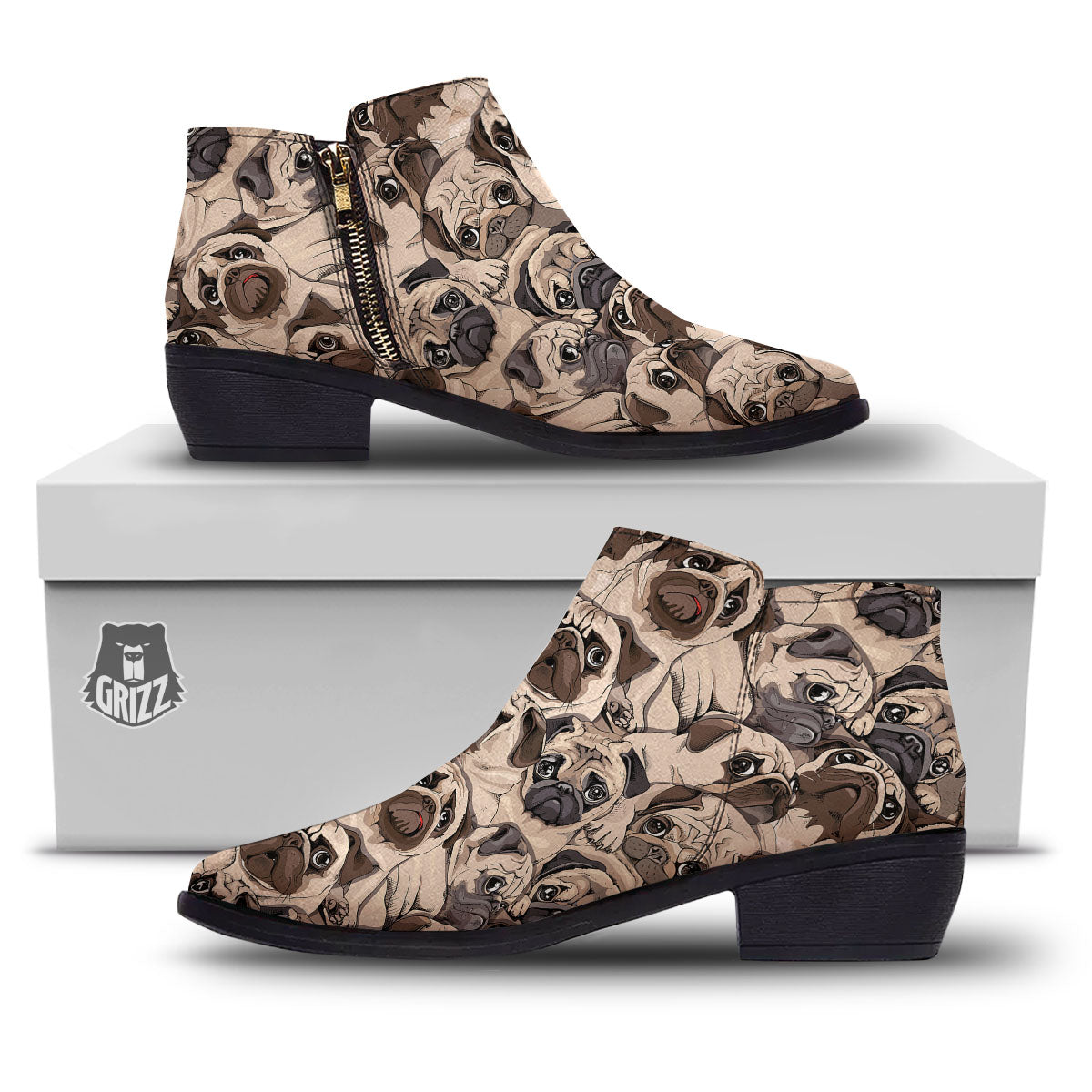 Portrait Pug Vintage Print Pattern Ankle Boots-grizzshop