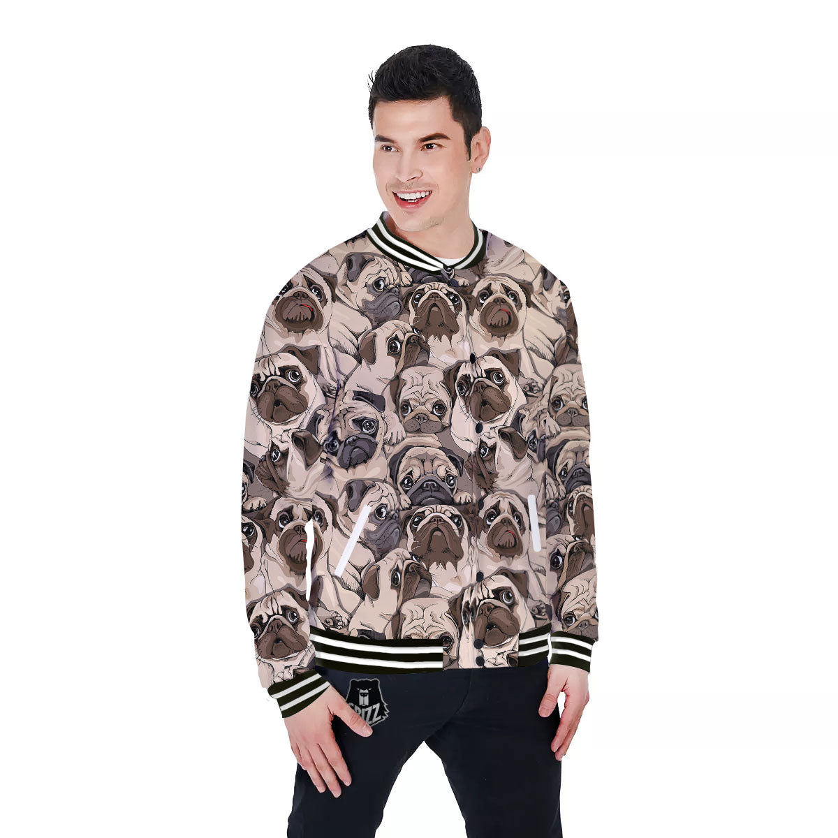 Portrait Pug Vintage Print Pattern Baseball Jacket-grizzshop