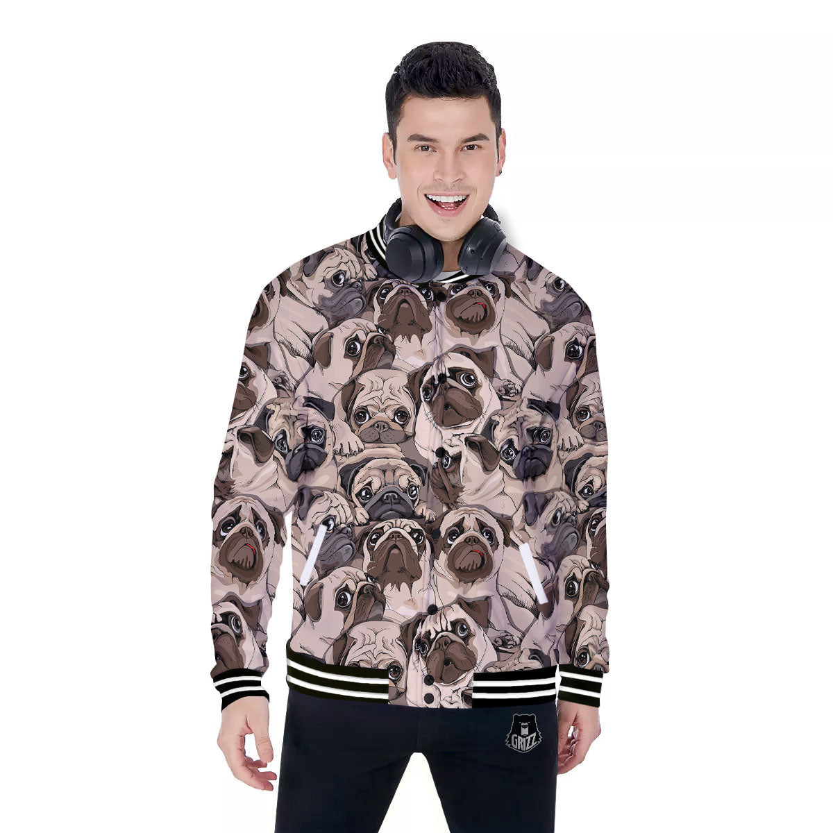 Portrait Pug Vintage Print Pattern Baseball Jacket-grizzshop
