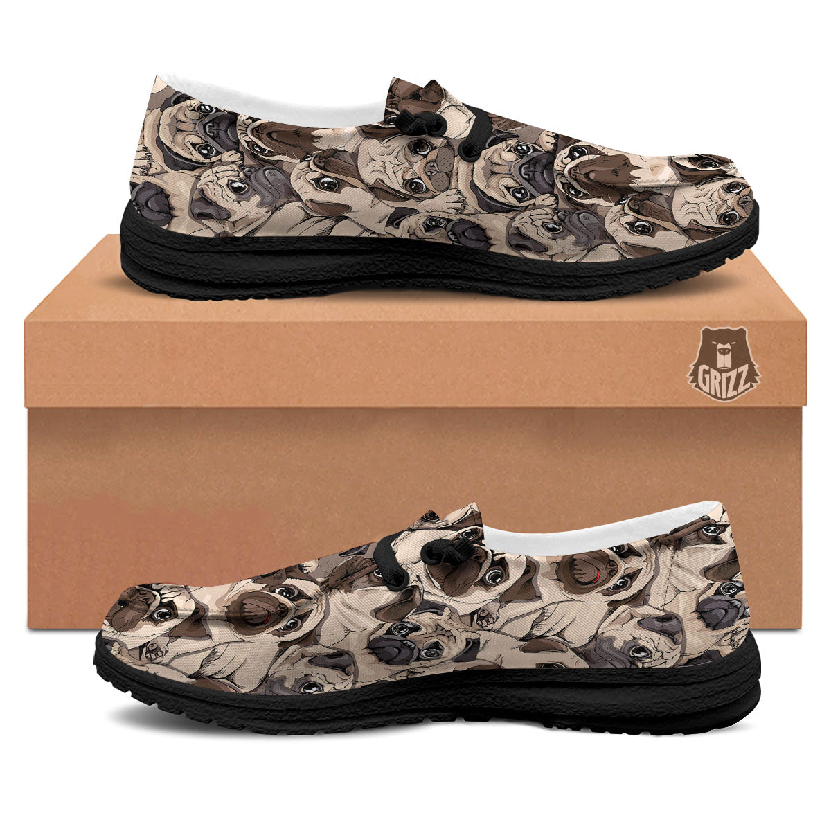 Portrait Pug Vintage Print Pattern Black Loafers-grizzshop