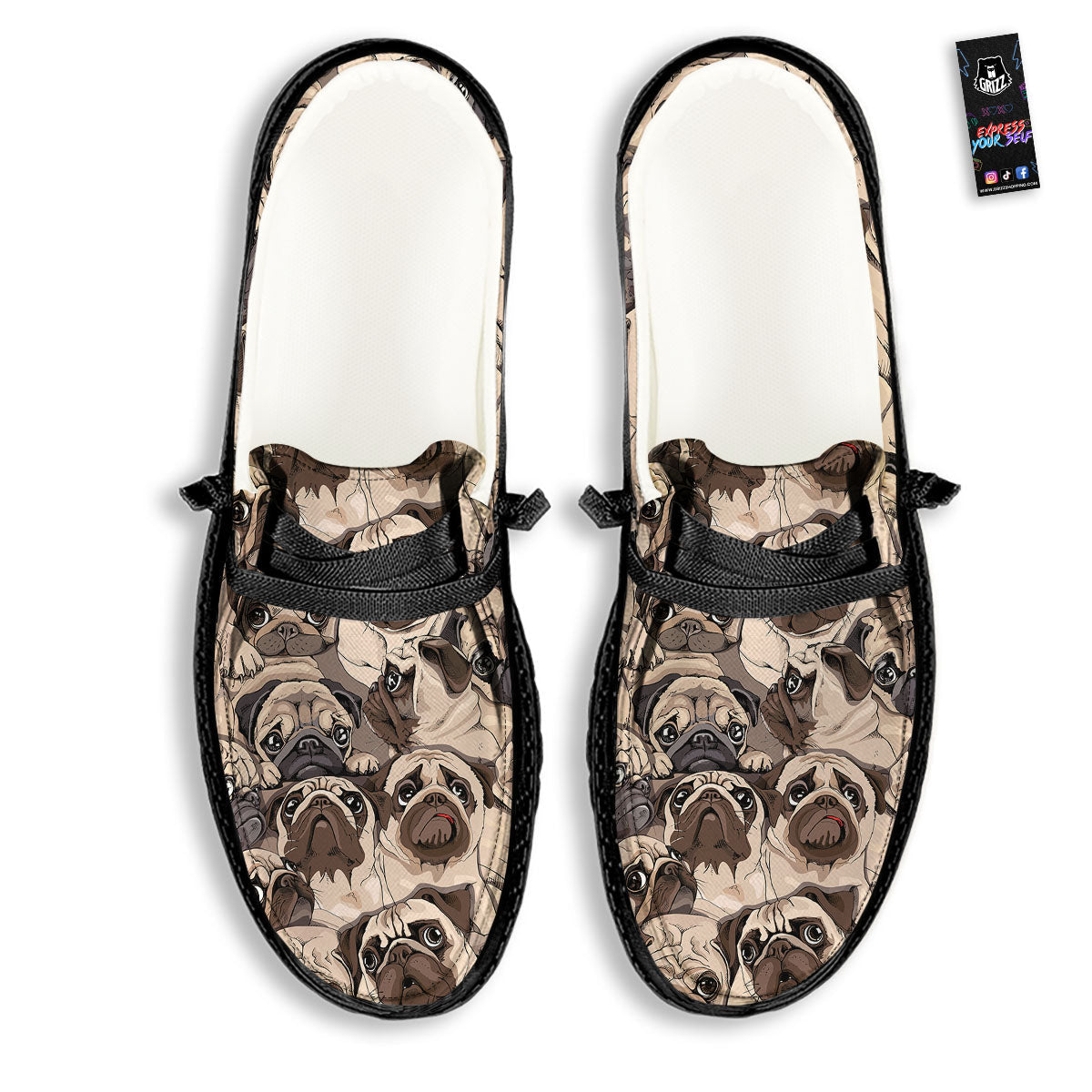 Portrait Pug Vintage Print Pattern Black Loafers-grizzshop