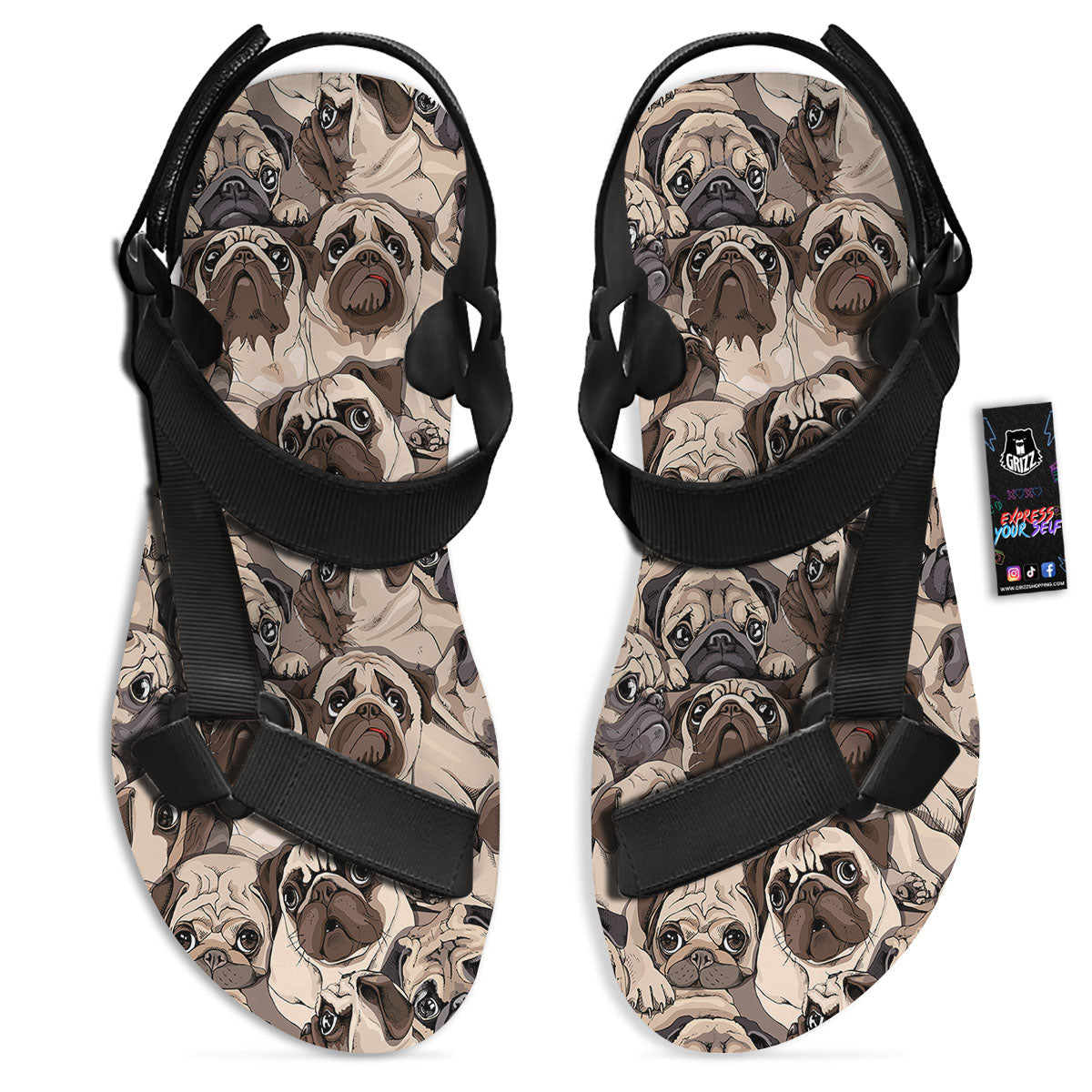 Portrait Pug Vintage Print Pattern Black Open Toe Sandals-grizzshop