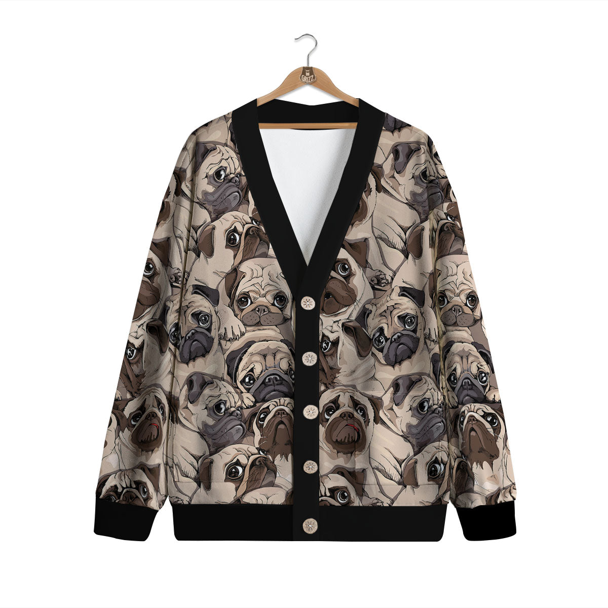 Portrait Pug Vintage Print Pattern Cardigan-grizzshop
