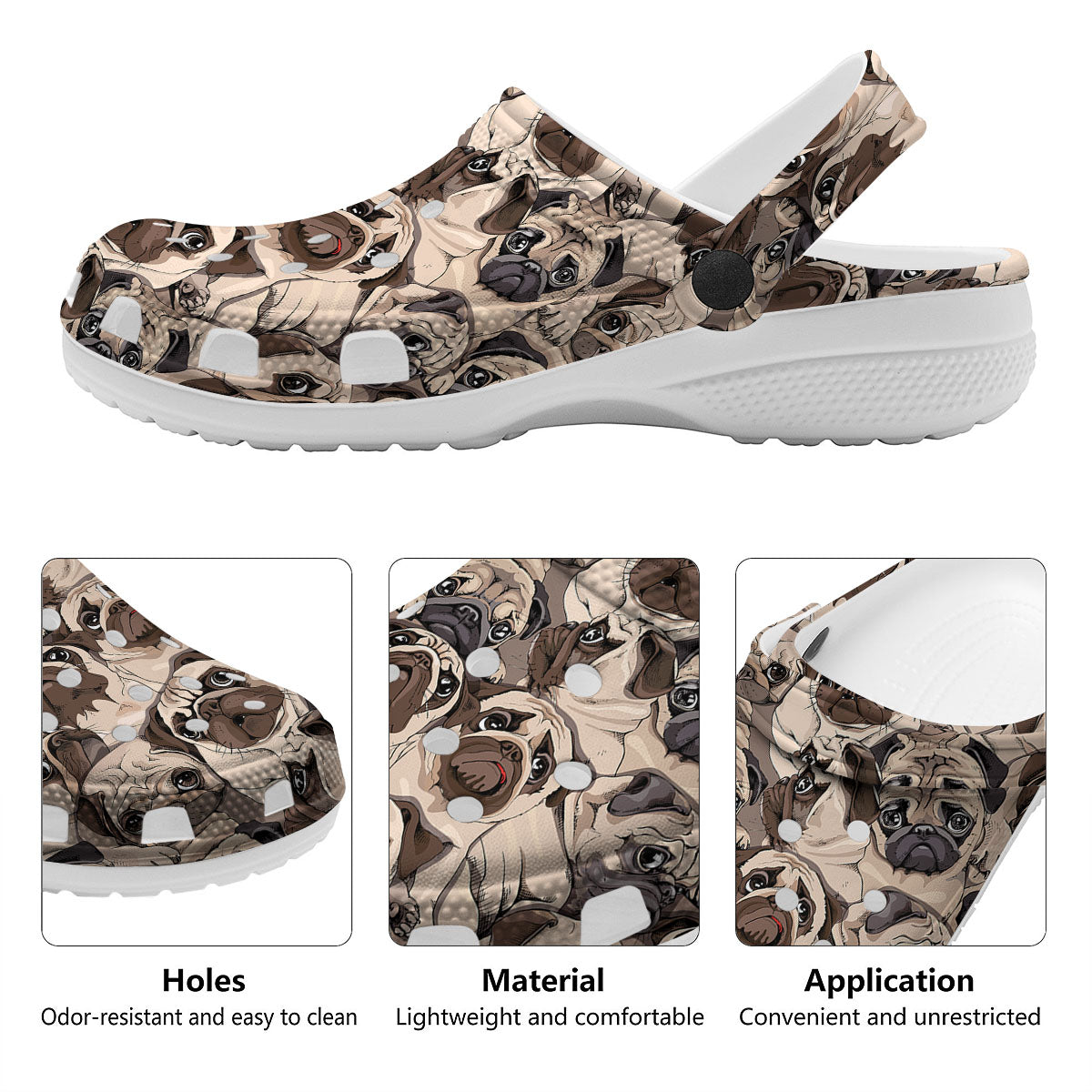 Portrait Pug Vintage Print Pattern Clog-grizzshop