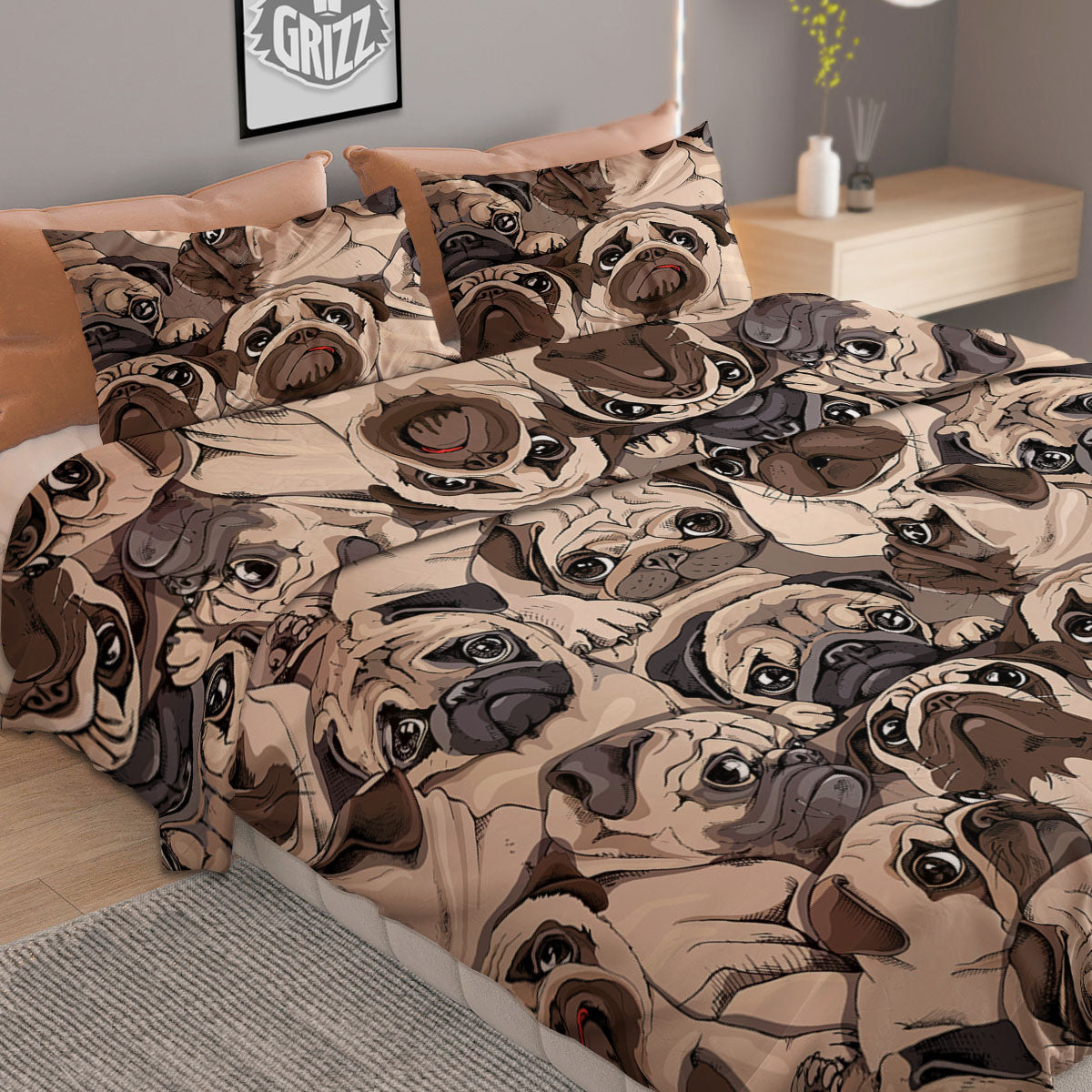 Portrait Pug Vintage Print Pattern Duvet Cover Bedding Set