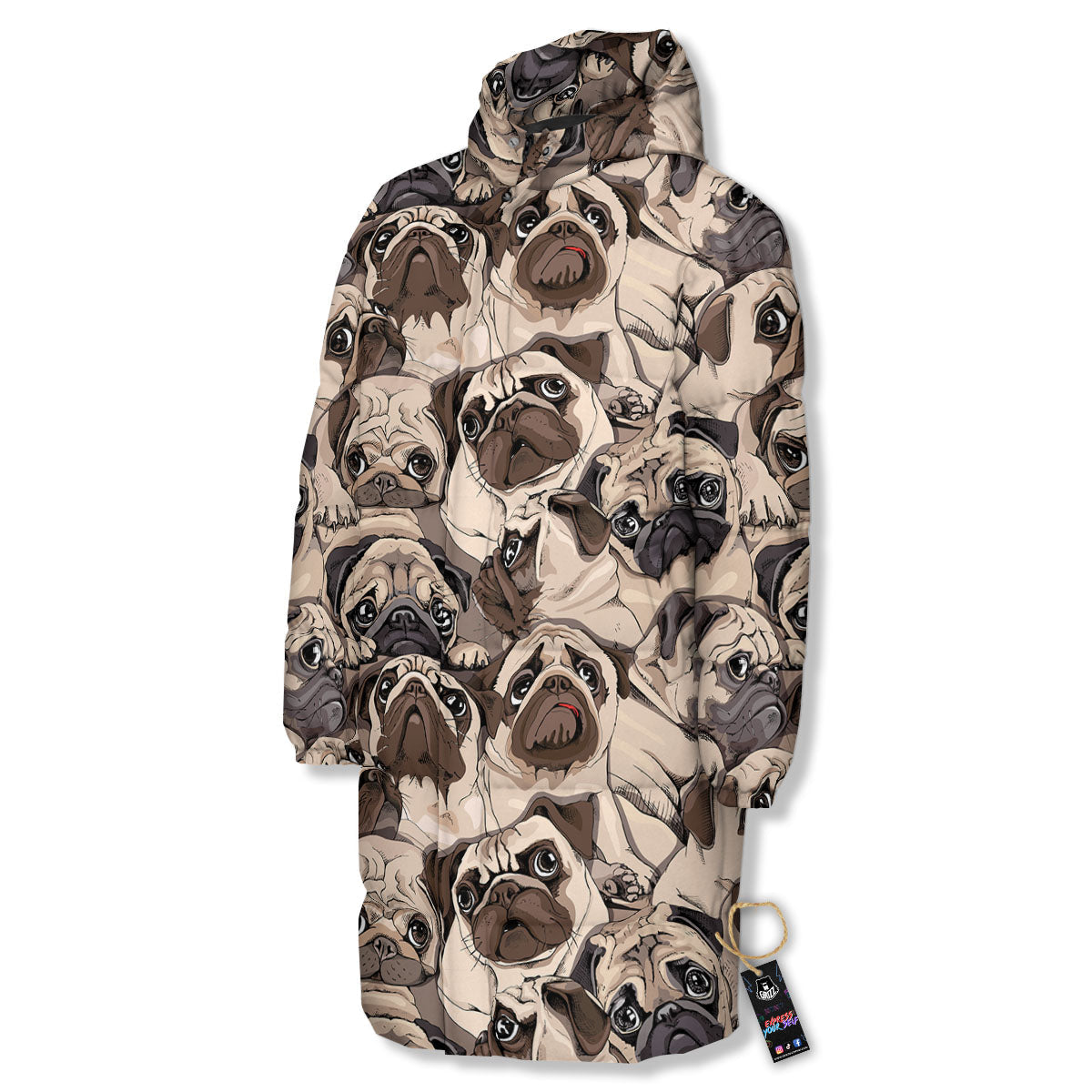 Portrait Pug Vintage Print Pattern Long Down Jacket-grizzshop