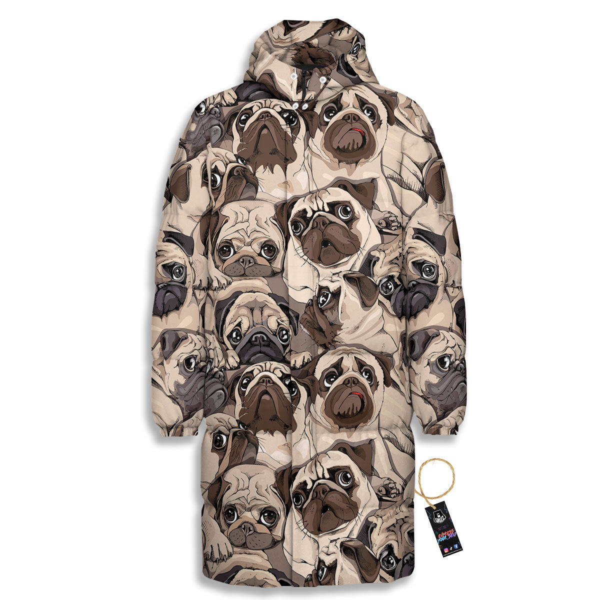 Portrait Pug Vintage Print Pattern Long Down Jacket-grizzshop
