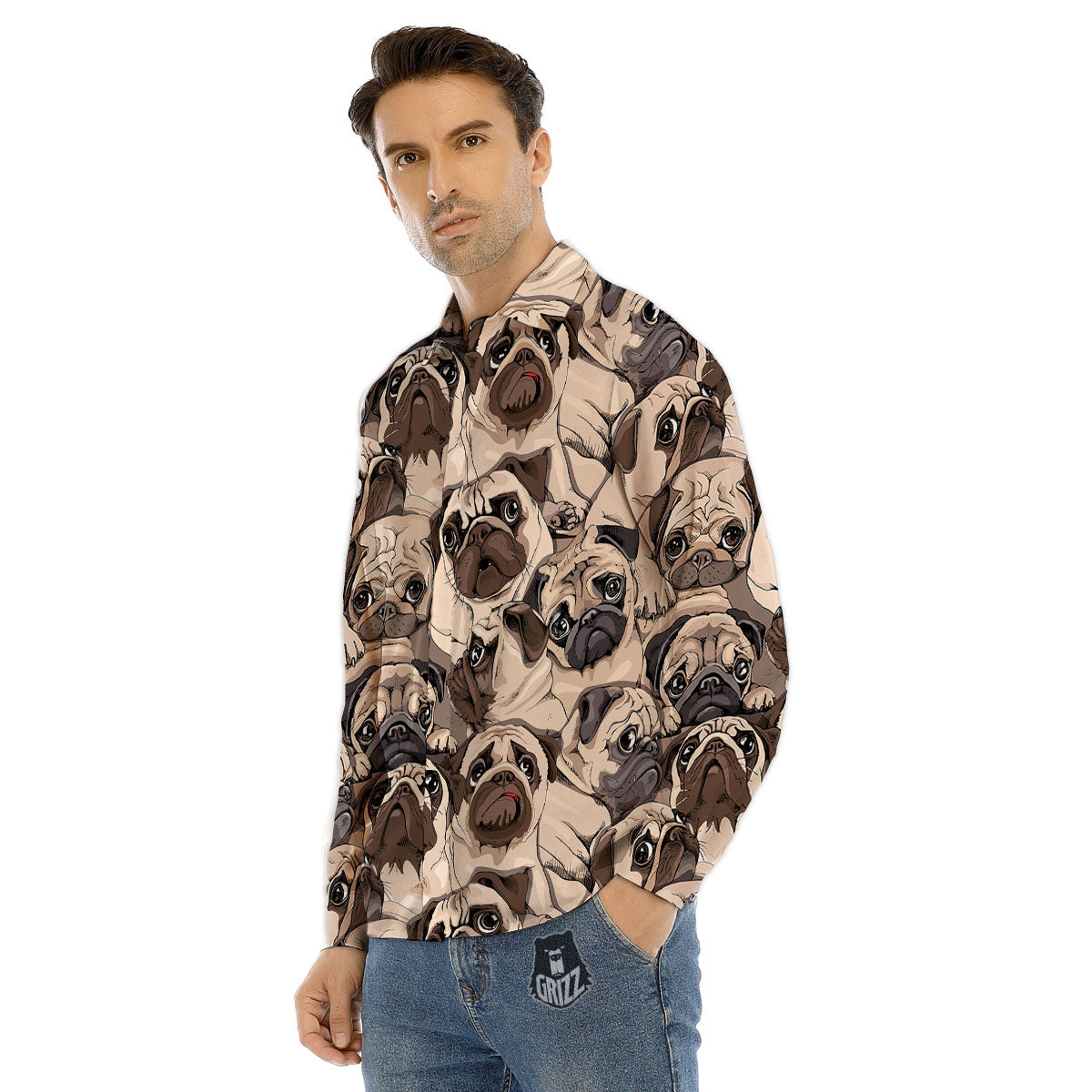 Portrait Pug Vintage Print Pattern Men's Dress Shirts-grizzshop