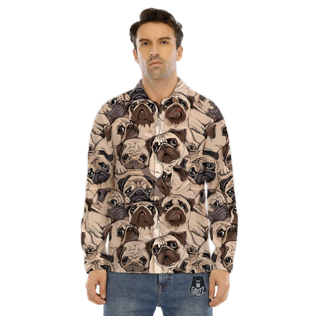 Portrait Pug Vintage Print Pattern Men's Dress Shirts-grizzshop